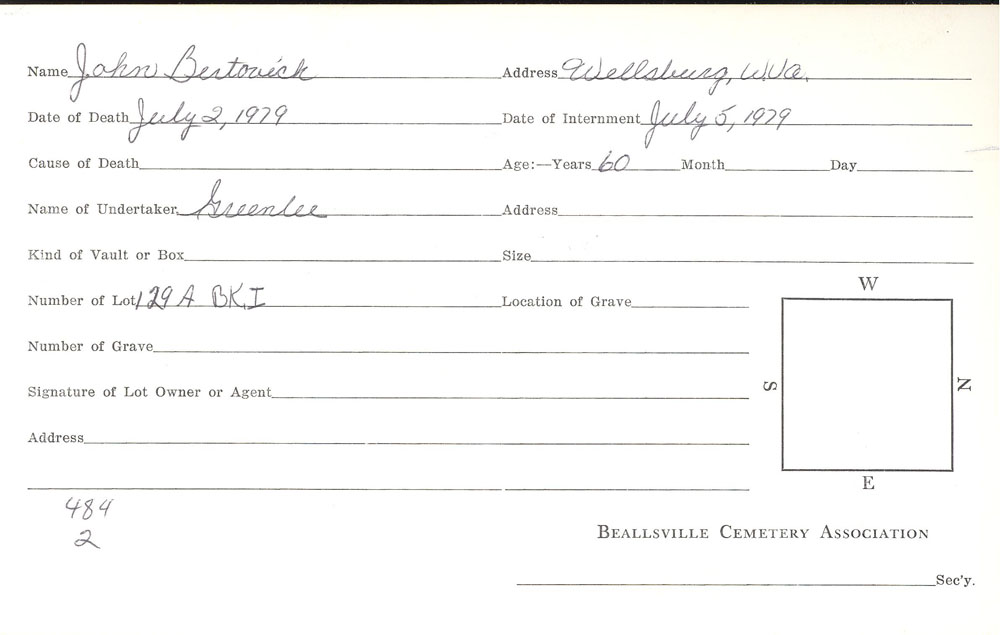 John Bertovich burial card